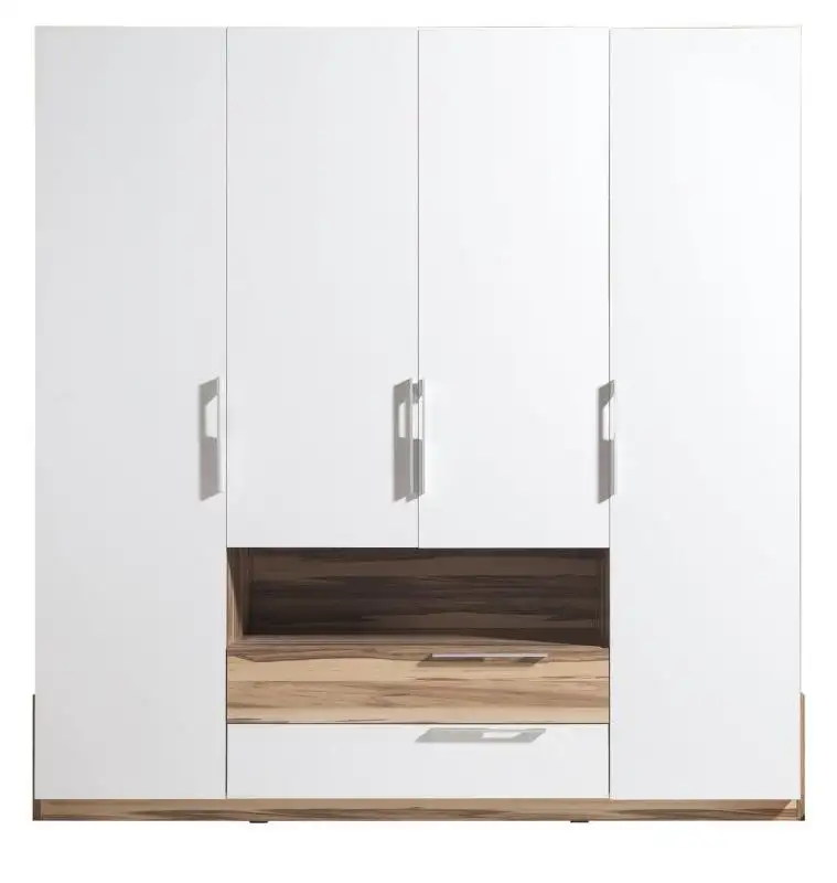 Kleiderschrank, Breite: 210 cm, Farbe: Weiß / Walnuss