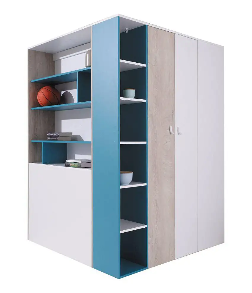 Jugendzimmer - Eckkleiderschrank, Farbe: Eiche / Weiß / Blau - Abmessungen: 190 x 135 x 135 cm (H x B x T)