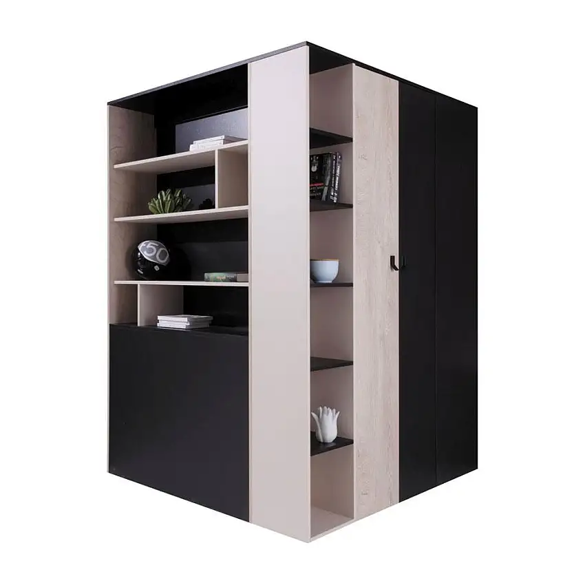 Schlafzimmer - Eckkleiderschrank begehbar, Farbe: Eiche / Creme / Schwarz - Abmessungen: 190 x 135 x 135 cm (H x B x T)