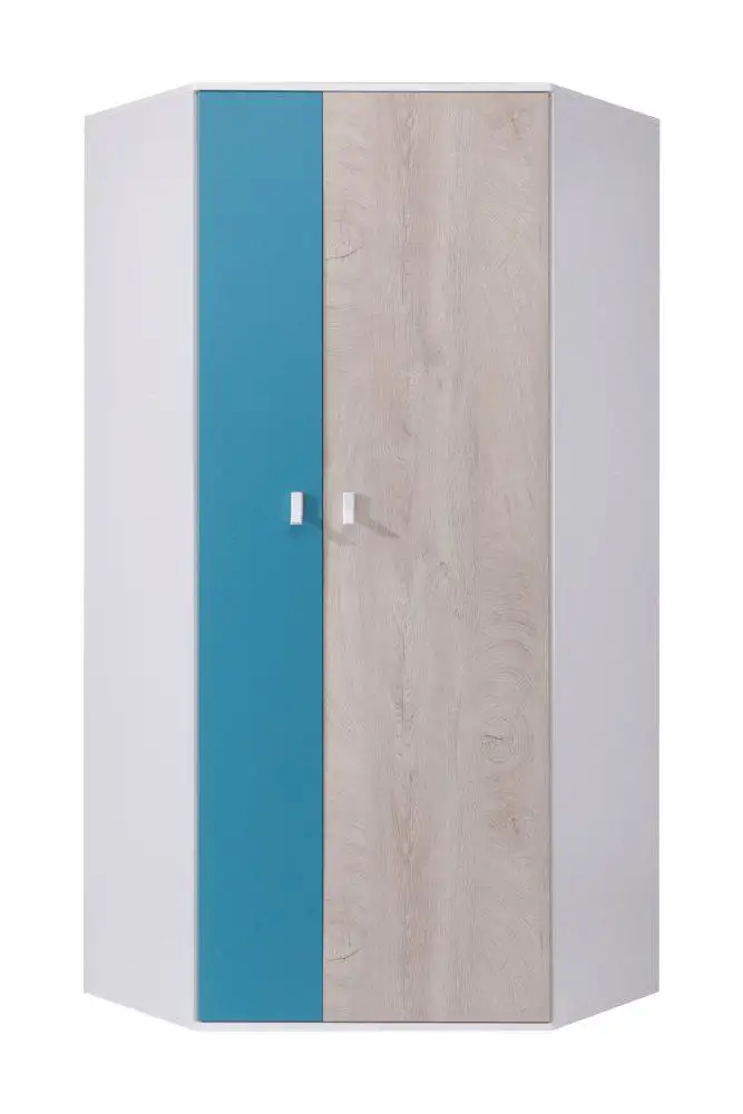 Jugendzimmer - Eckkleiderschrank, Farbe: Eiche / Weiß / Blau - Abmessungen: 190 x 90 x 90 cm (H x B x T)