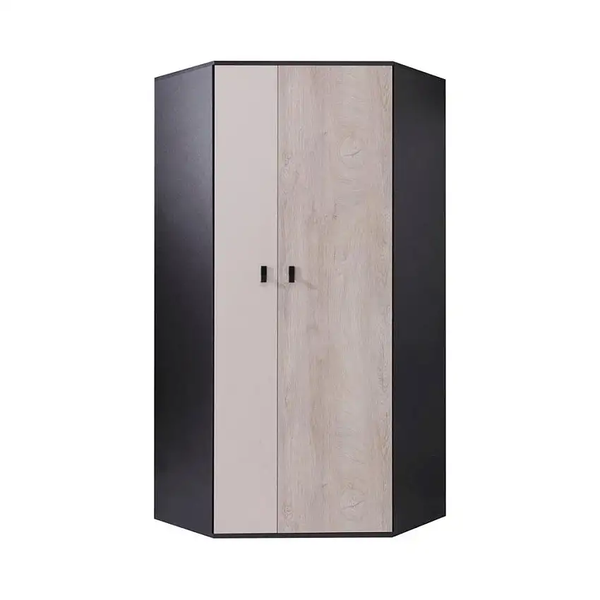 Jugendzimmer - Eckschrank, Farbe: Eiche / Creme / Schwarz - Abmessungen: 190 x 90 x 90 cm (H x B x T)
