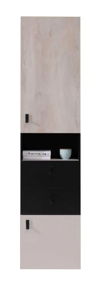 Schmaler Jugendschrank, Farbe: Eiche / Creme / Schwarz - Abmessungen: 190 x 45 x 40 cm (H x B x T)