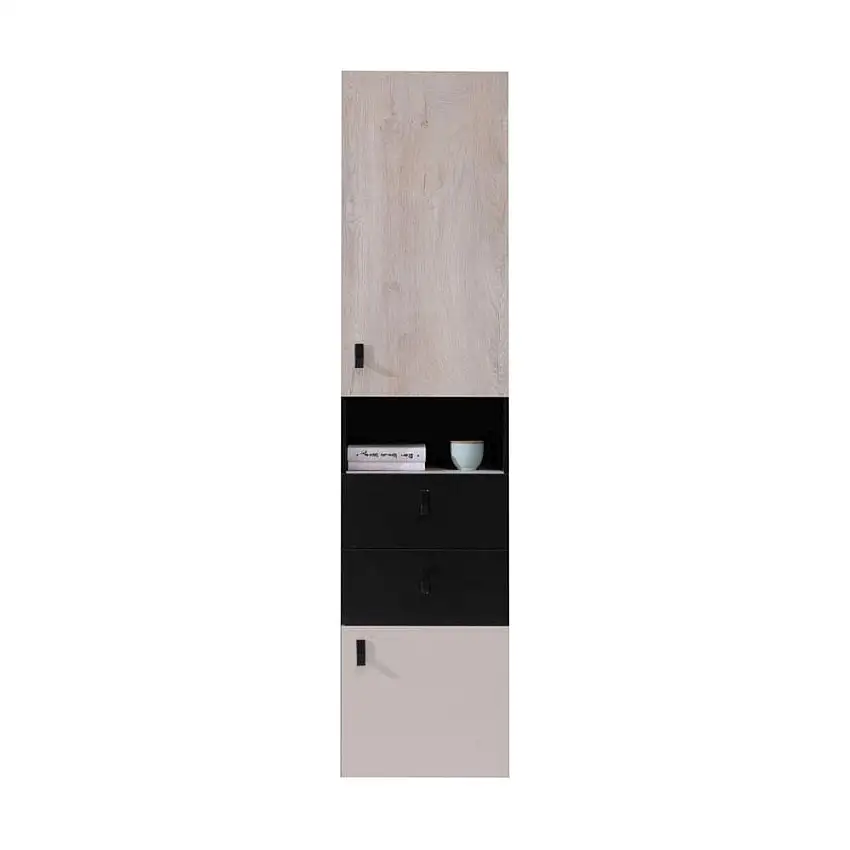 Jugendzimmer - Schrank schmal, Farbe: Eiche / Creme / Schwarz - Abmessungen: 190 x 45 x 40 cm (H x B x T)