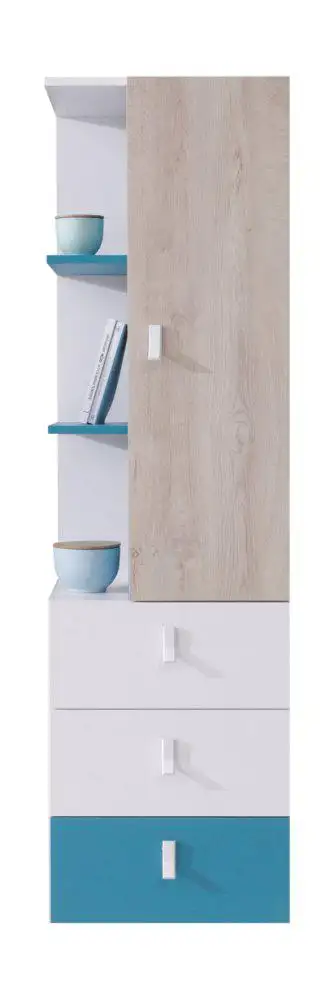 Jugendzimmer - Schrank schmal, Farbe: Eiche / Weiß / Blau - Abmessungen: 160 x 45 x 40 cm (H x B x T)