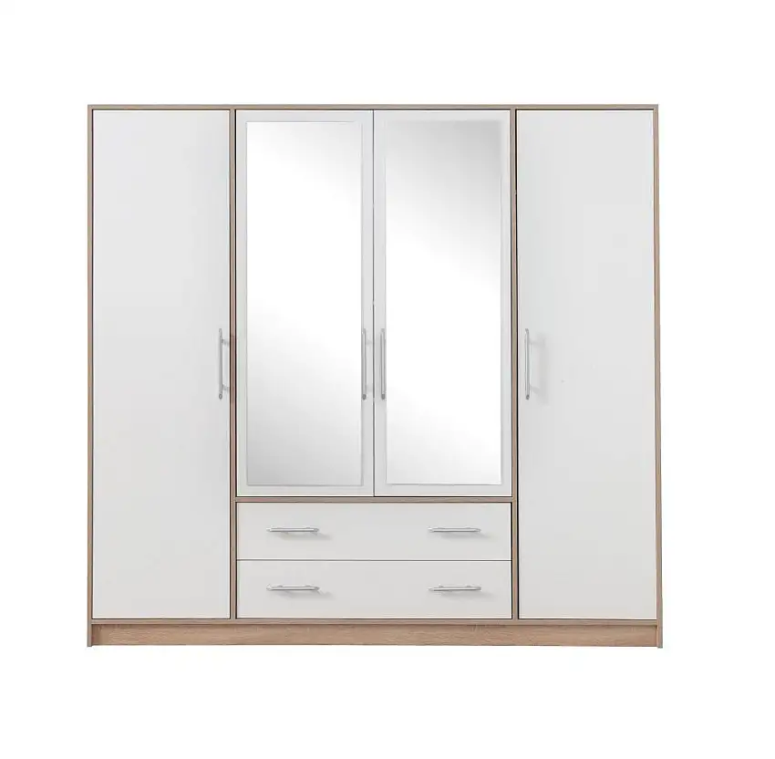 Kleiderschrank mit Spiegel, Farbe: Weiß / Eiche - Abmessungen: 190 x 200 x 56 cm (H x B x T)