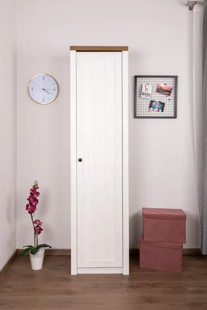 Wohnzimmerschrank schmal, Farbe: Kiefer weiß / Eiche Braun - Abmessungen: 198 x 50 x 43 cm (H x B x T)