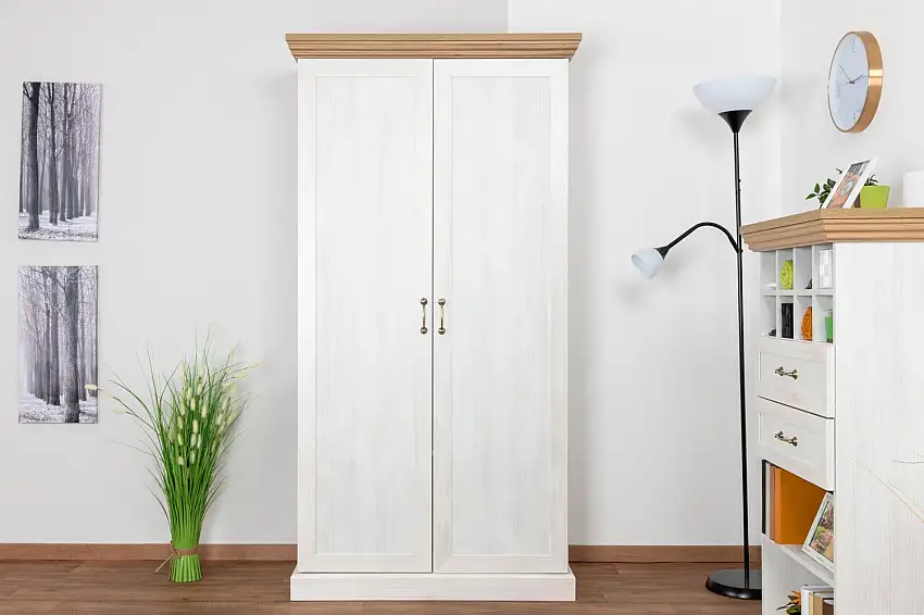 Wohnzimmer - Kleiderschrank, Farbe: Kiefer Weiß / Braun - 187 x 97 x 49 cm (H x B x T)