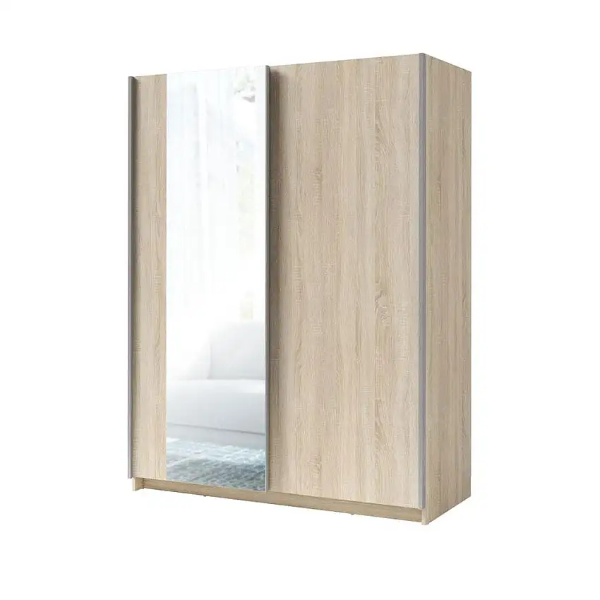 Kleiderschrank mit Spiegel, Farbe: Eiche - Abmessungen: 198 x 150 x 60 cm (H x B x T)